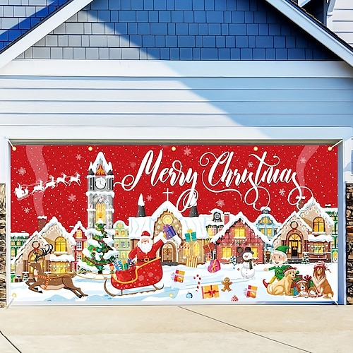 

Christmas Outdoor Garage Door Cover Banner Santa Claus Snow House Large Christmas Backdrop Decoration for Holiday Outdoor Garage Door Home Wall Decorations