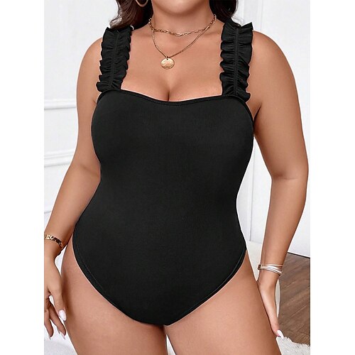 

Macacão feminino plus size curva sem costas cor sólida pescoço quadrado bodycon férias diárias ajuste regular sem mangas preto xl xxl 3xl outono