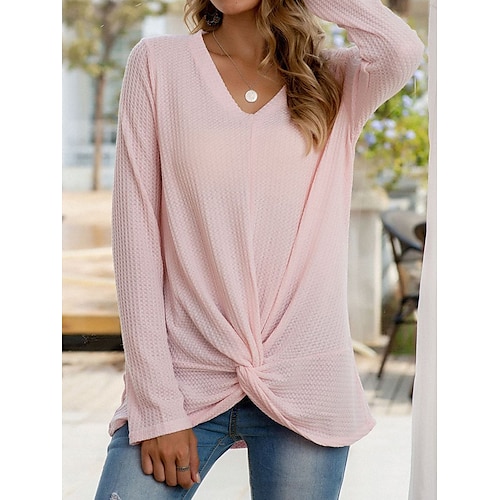 

Mulheres Camiseta Preto Branco Rosa Tecido Manga Longa Diário Final de semana Moda Decote V Normal Primavera Outono