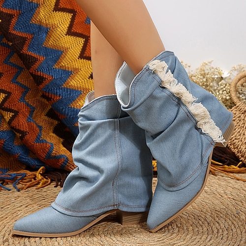 

Femme Bottes Bottes souples Bottes de cow-girl Soirée du quotidien Bottes mi-mollet Hiver Gland Talon Bottier Bout pointu Bout fermé Vacances Toile de jean Mocassins Couleur unie Bleu Ciel