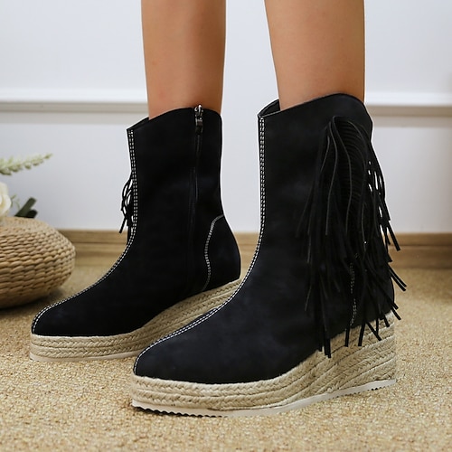 

Damen Stiefel Cowboy Westernstiefel Übergrössen Plateaustiefel Outdoor Täglich Stiefeletten Stiefeletten Quaste Plattform Runde Zehe Vintage Elegant Wanderschuhe PU Reißverschluss Feste Farbe Schwarz
