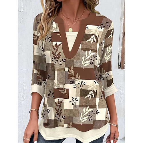 

Women's T shirt Tee Brown Leaf Print Long Sleeve Daily Weekend Fashion V Neck Regular Fit Floral Painting Spring Fall