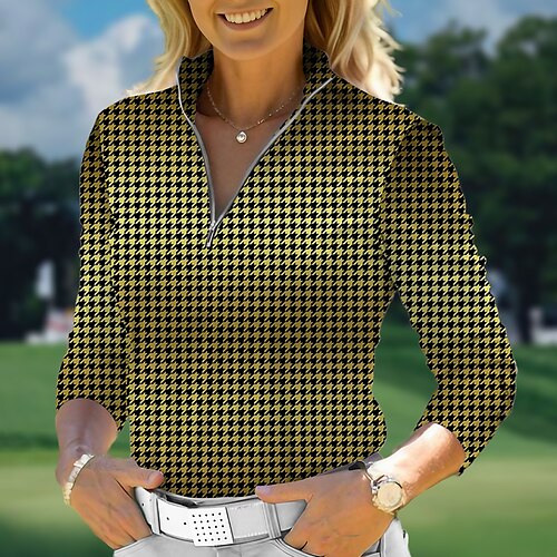 

Mulheres Camisa polo de caminhada Camisa de golfe Respirável Secagem Rápida Pavio Humido Manga Longa Vestuário de golfe Roupas de golfe Normal Zíper Colarinho Alto Xadrez Primavera Outono Tênis Golfe