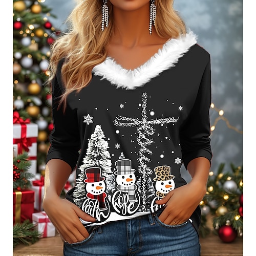 

Women's T shirt Tee Christmas Shirt Snowman Christmas Tree Black White Red Print Long Sleeve Party Christmas Weekend Festival / Holiday Print Christmas Fur Collar V Neck Regular Fit Fall & Winter