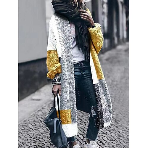 

Women's Cardigan Sweater Open Front Crochet Knit Polyester Patchwork Fall Winter Long Outdoor Daily Going out Stylish Casual Soft Long Sleeve Color Block Yellow S M L