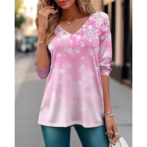 

Damen T Shirt Weihnachts-Shirt Rosa Schneeflocke Bedruckt Langarm Weihnachten Wochenende Fest / Feiertage Weihnachten V Ausschnitt Regular Fit Farbe Frühling Herbst