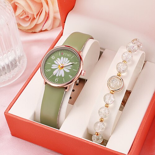 

Reloj de pulsera minimalista e informal de cuarzo analógico con forma de Margarita para mujer, conjunto de pulsera, decoración, reloj con correa de cuero, regalo para mujer