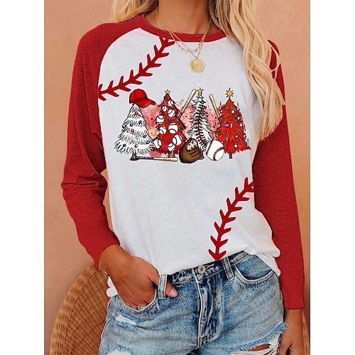 

Mujer Camiseta Camisa de Navidad Rojo Marrón Árbol de Navidad Estampado Manga Larga Navidad Fin de semana Festival / Vacaciones Escote Redondo Ajuste regular Pintura Primavera Otoño