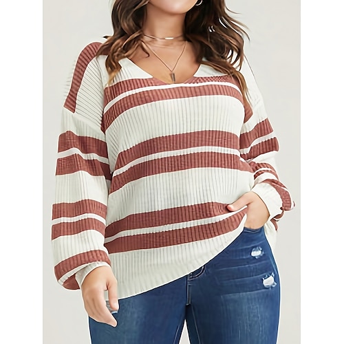 

Camisola feminina plus size com decote em v listrado pulôver jumper malha com nervuras regular elegante casual ao ar livre diário outono inverno bege xl 2xl 3xl