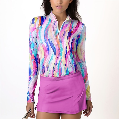 

Damen poloshirt Golfhemd Atmungsaktiv Schnelltrocknend Feuchtigkeitsableitung Langarm Golfbekleidung Golfkleidung Regular Fit Zip Stehkragen Batik Frühling Herbst Tennis Golfspiel Pickleball