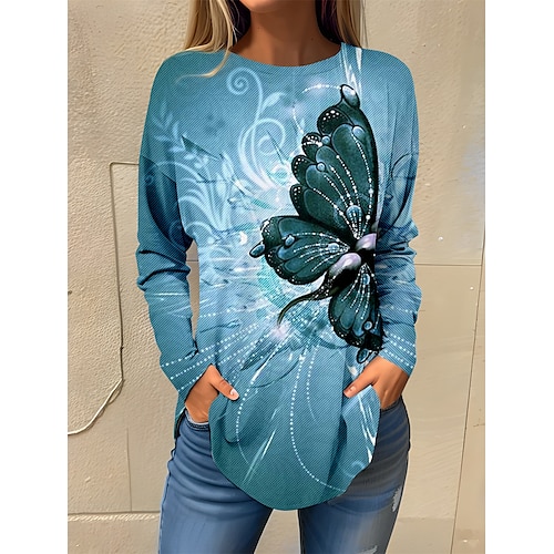 

Women's T shirt Tee Blue Purple Brown Butterfly Print Long Sleeve Daily Weekend Fashion Round Neck Regular Fit Butterfly Painting Spring Fall