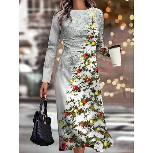 

vestido feminino de trabalho de natal vestido casual vestido semi formal moda vestido de inverno diário vestido midi estampado gola redonda manga longa papai noel boneco de neve fino vinho branco