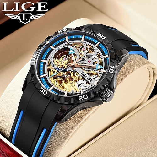 

LIGE 43MM Skeletonized Design Automatic Mechanical Watch For Men Luxury Sport Big Dial Waterproof Rubber Strap reloj hombre