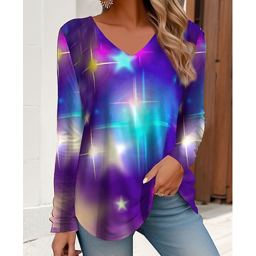 

Women's T shirt Tee Purple Star Print Long Sleeve Daily Weekend Fashion V Neck Regular Fit Painting Spring Fall