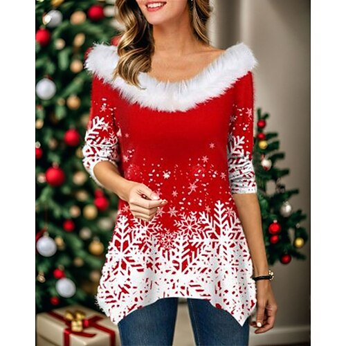 

Damen T Shirt Weihnachts-Shirt Rote Blau Fuchsie Schneeflocke Asymmetrisch Bedruckt Langarm Weihnachten Täglich Wochenende Fest / Feiertage V Ausschnitt Regular Fit Farbe Herbst Winter