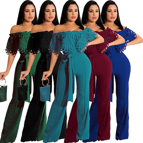 

Damen Jumpsuit mit Schnürung Spitze Feste Farbe Schulterfrei Geschäftlich Elegant B¨¹ro Arbeit Regular Fit Kurzarm Schwarz Wein Königsblau S M L XL Herbst