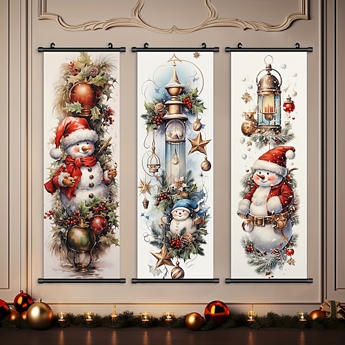 

1pc Christmas with Hangers Courtyard Xmas Christmas Festival Cute Snowman And Bells Poster Deer Ornament For Room Painting Canvas Posters Art For Home Living Room Decoration Wall Art Decor