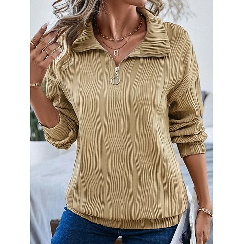 

Women's Sweatshirt Pullover Textured Active Sportswear Quarter Zip Khaki Solid Color Casual Sports V Neck Long Sleeve Top Micro-elastic Fall Winter