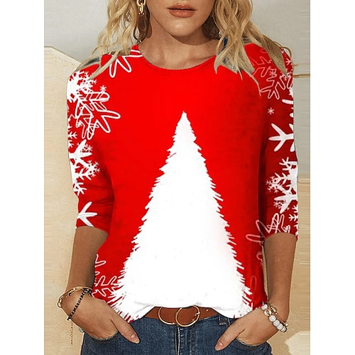 

Mulheres Camiseta Camisa de Natal Vermelho Árvore de Natal Imprimir Manga Longa Festa Natal Final de semana Festival / feriado Natal Decote Redondo Normal Pintura Primavera Outono