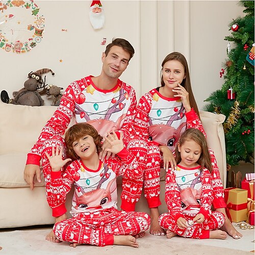 

Family Christmas Pajamas Graphic School Print Red Long Sleeve Mommy And Me Outfits Active Matching Outfits