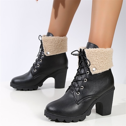 

Women's Boots Snow Boots Combat Boots Plus Size Outdoor Daily Fleece Lined Booties Ankle Boots Block Heel Round Toe Casual Minimalism Faux Leather Lace-up Solid Color Black Brown