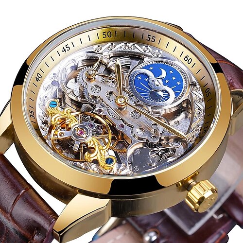 

Forsining relógio mecânico masculino luxo moda casual esqueleto oco automático auto-liquidação fase da lua relógio pulseira de couro genuíno relógio de pulso masculino presente
