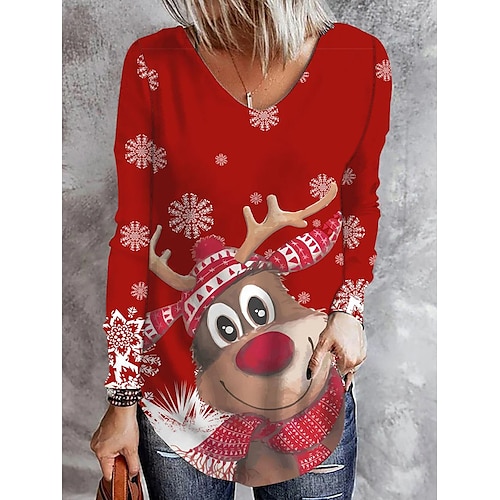 

Mujer Camiseta Camisa de Navidad Rojo Copo Reno Estampado Manga Larga Fiesta Navidad Fin de semana Festival / Vacaciones Navidad Escote en Pico Ajuste regular Pintura Primavera Otoño