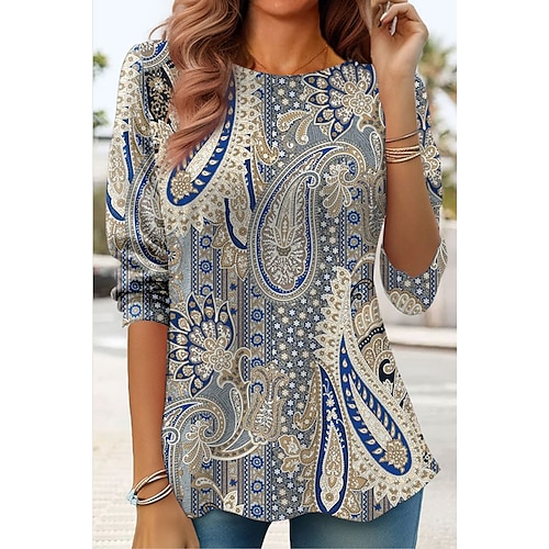 

Damen T Shirt Rote Blau Grün Paisley-Muster Bedruckt Langarm Täglich Wochenende Modisch Rundhalsausschnitt Regular Fit Farbe Frühling Herbst