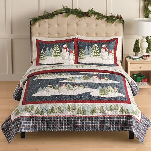 

Funda de cama acolchada con estampado de muñeco de nieve navideño americano, juego de tres piezas engrosadas con clip de algodón