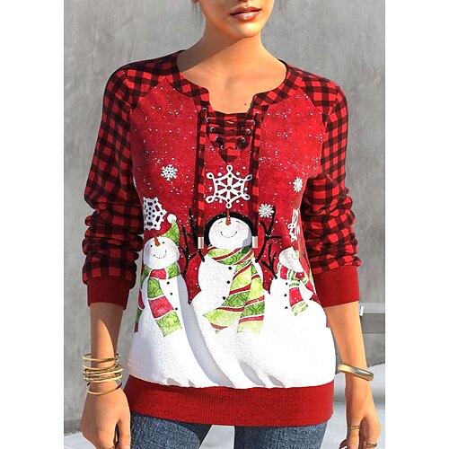 

Damen T Shirt Weihnachts-Shirt Rote Schneemann Schneeflocke Bedruckt Langarm Weihnachten Wochenende Fest / Feiertage V Ausschnitt Regular Fit Farbe Frühling Herbst