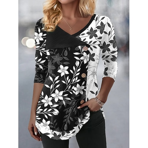 

Femme T shirt Tee Noir Bleu Violet Floral Bouton Imprimer manche longue Vacances Fin de semaine Mode Col V Standard Fleur Peinture Printemps Automne