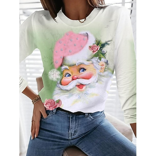 

Mujer Camiseta Camisa de Navidad Rosa Papá Noel Estampado Manga Larga Navidad Fin de semana Festival / Vacaciones Escote Redondo Ajuste regular Pintura Verano