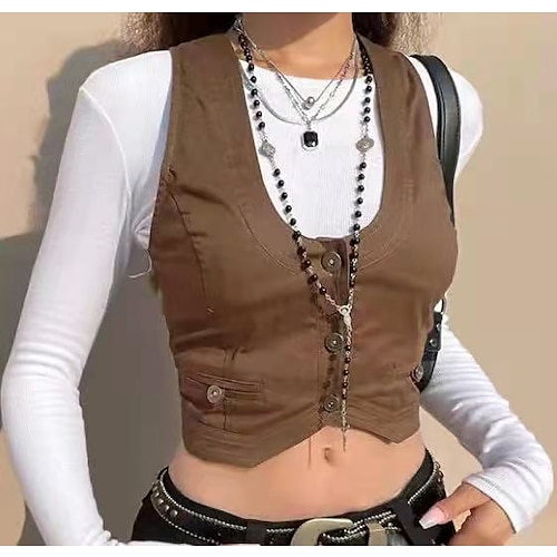 

Femme Gilet Camisoles Noir Vert Véronèse Marron Plein Bouton Sans Manches Casual Mode Vêtement de rue Col V Standard Printemps été