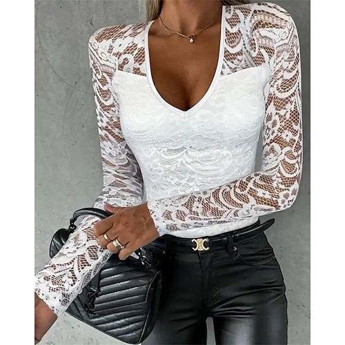 

Femme Chemise Chemisier Noir Blanche Rose Claire Plein Dentelle manche longue Casual Mode Col V Standard Printemps Automne