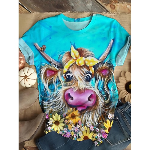 

Women's T shirt Tee Blue Cow Print Short Sleeve Daily Weekend Fashion Round Neck Regular Fit Painting Summer