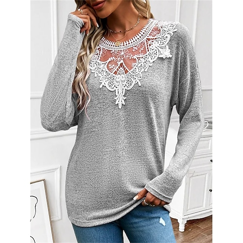 

Femme T shirt Tee Gris Plein Dentelle manche longue du quotidien Fin de semaine Mode Col Rond Standard Printemps Automne