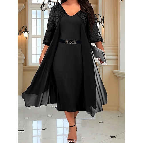 

Damen Übergröße Kurve abendkleider Spitzenkleid Cocktailkleid Glatt Midikleid 3/4 Ärmel Spitze Patchwork V Ausschnitt Modisch Party Schwarz Herbst Winter L XL XXL 3XL 4XL