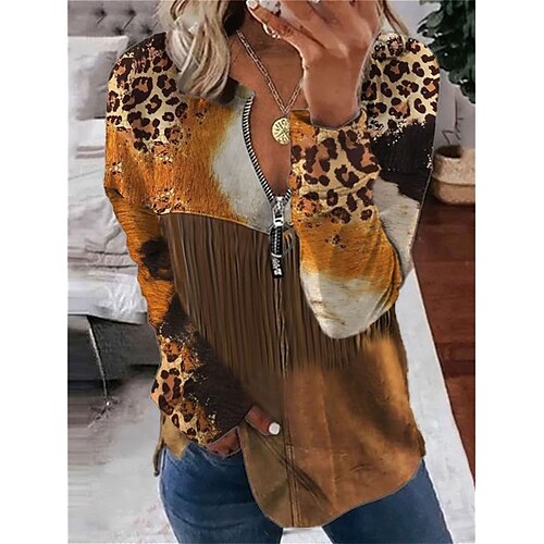 

Mulheres Moletom Estacionar Vintage Étnico Quarter Zip Amarelo Azul Marron Leopardo Geométrica Rua Decote V Manga Longa Top Micro-Elástica Outono inverno