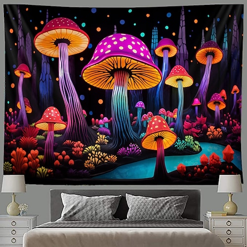  cogumelo fantasia luz negra tapeçaria brilha no escuro festa brilhante uv reativo psicodélico paisagem natural tapeçaria pendurada arte de parede mural para sala de estar quarto