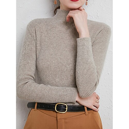

Mulheres Pulôver suéter Saltador Estriado Tricotar Curto Superdimensionado Côr Sólida Colarinho Chinês à moda Casual Diário Para Noite Outono Inverno Camelo dourado Preto S M L