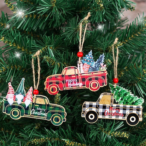 

Christmas Decorations Wooden Plaid Car Elderly Christmas Tree Decorations Christmas Wooden Pendants Home Decor