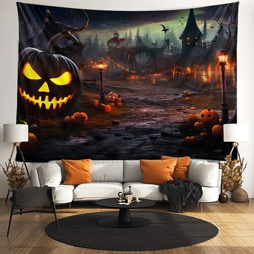  halloween dekorasjoner billedvev jack o lanterne gresskar dekor veggkunst stor hengende billedvev veggmaleri fotografi bakteppe teppe gardin hjem soverom stue flaggermus hjemsøkt hus kirkegård