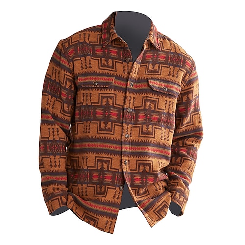 

Men's Shirt Tribal Vintage Geometry Turndown Blue Brown Green Khaki Outdoor Street Long Sleeve Print Clothing Apparel Fashion Streetwear Designer Breathable