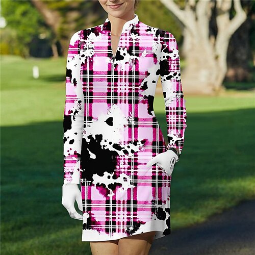 

Damen Tenniskleid Golfkleid Atmungsaktiv Schnelltrocknend Feuchtigkeitsableitung Langarm Tennis-Outfit Tennisbekleidung 1/4 Reißverschluss Stehkragen Plaid Bedruckt Frühling Herbst Tennis Golfspiel