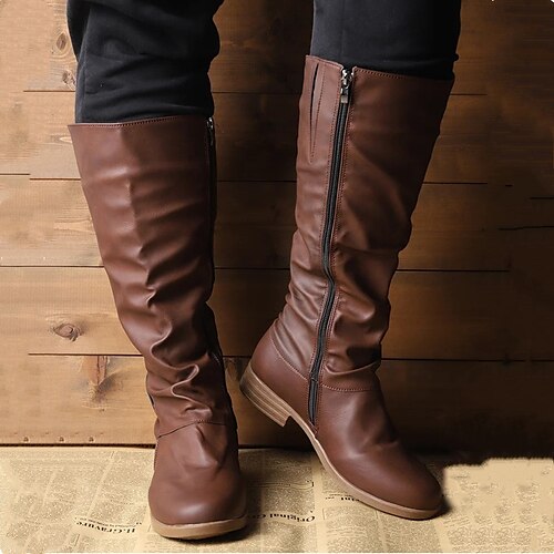 

Women's Boots Plus Size Riding Boots Outdoor Daily Knee High Boots Block Heel Round Toe Vintage Casual Minimalism PU Zipper Solid Color Black Coffee