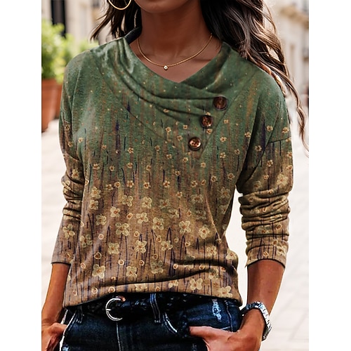 

Mujer Camiseta Rojo Azul Piscina Verde Trébol Floral Botón Estampado Manga Larga Festivos Fin de semana Moda Escote en Pico Ajuste regular Flor Pintura Primavera Otoño