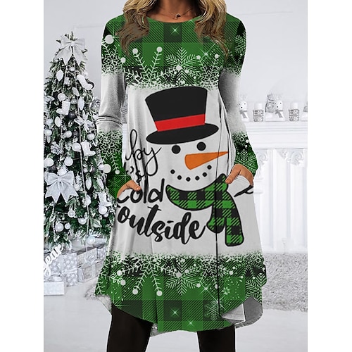 

Damen-Weihnachtsarbeitskleid, Freizeitkleid, modisches Winterkleid, tägliches Midikleid, Taschendruck, Rundhalsausschnitt, lange Ärmel, Weihnachtsmann, Schneemann, normale Passform, Wein, Lila, Grün,