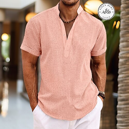 

Men's Shirt Linen Shirt Popover Shirt Summer Shirt Beach Shirt Black White Pink Short Sleeve Plain Henley Summer Casual Daily Clothing Apparel