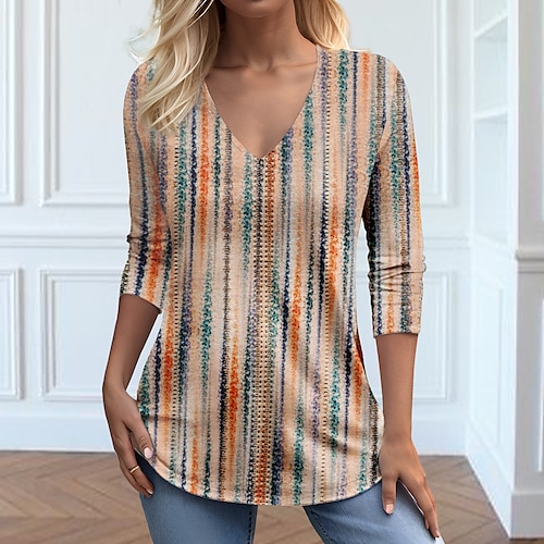 

Women's T shirt Tee Khaki Striped Print Long Sleeve Daily Weekend Fashion V Neck Regular Fit Painting Spring Fall