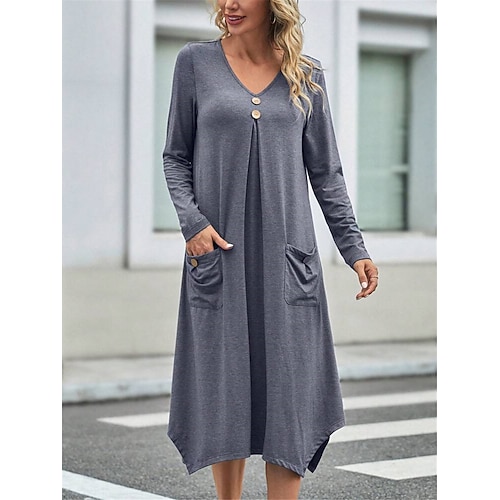 

Mujer Vestido informal Vestido estilo camiseta Vestido sencillo Vestido Midi Botón Bolsillo Diario Cita Noche Moda Básico Escote en Pico Manga Larga 2023 Holgado Gris Color S M L XL XXL Talla